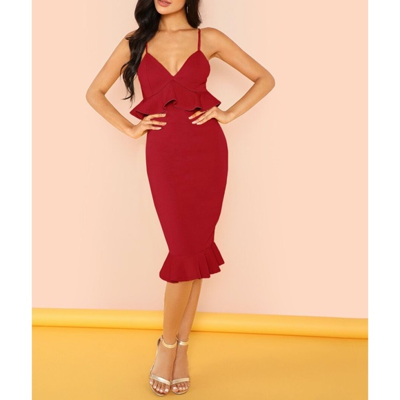 Maroon Red Ruffle Peplum Cami Bodycon Midi Dress - Picture 4 of 6